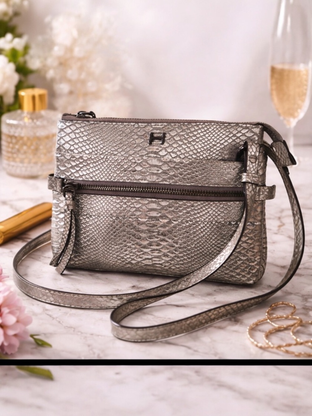 H by HALSTON designer Python Embossed Leather Crossbody & Clutch  MSRP $164